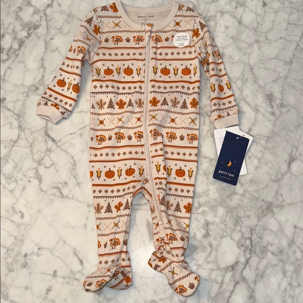 NWT Petit Lem Cream & Orange Fall Thanksgiving Pumpkin Patterned Kids Footie